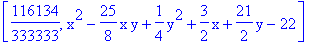 [116134/333333, x^2-25/8*x*y+1/4*y^2+3/2*x+21/2*y-22]